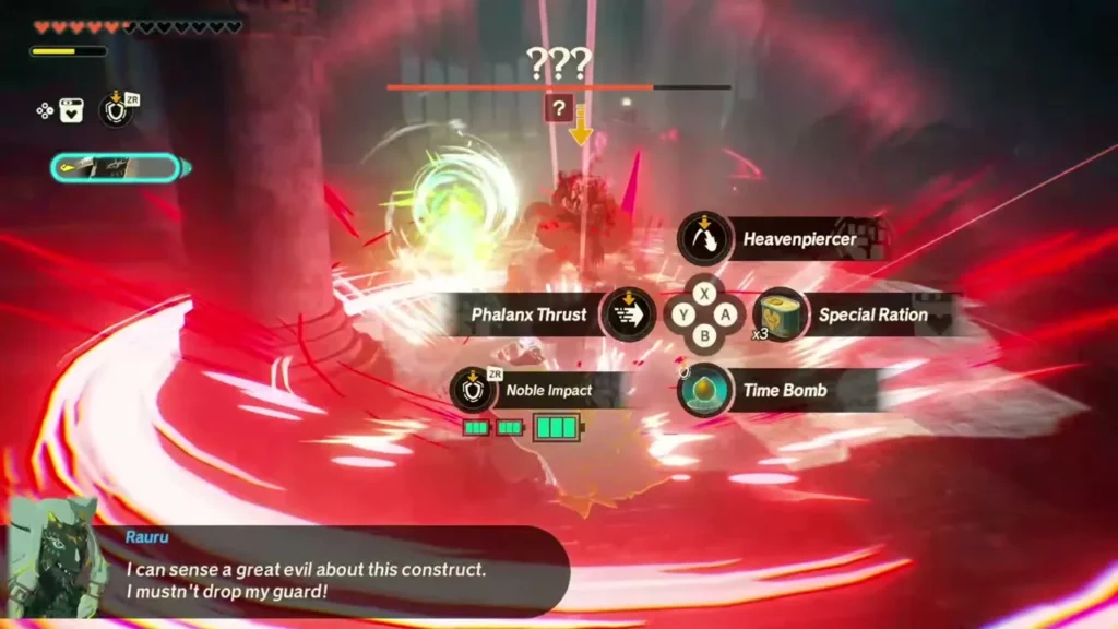 The corrupted construct glows red as Rauru opens his skill wheel