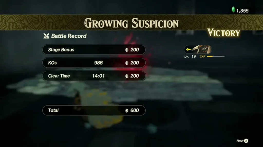 Victory screen for Growing Suspicion showing the battle record