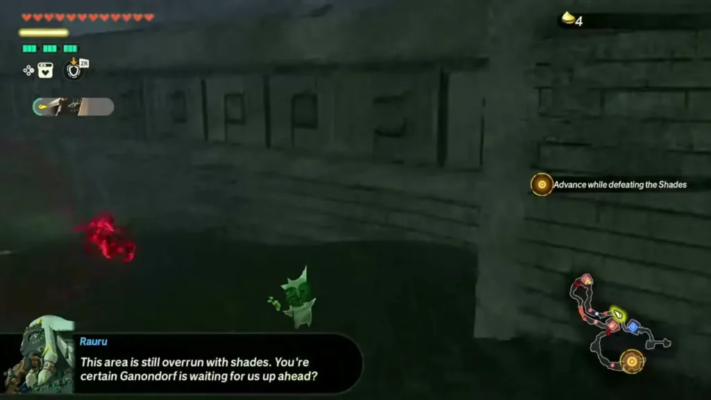 The Korok Seed counter reads 4 as the Korok stands by the wall