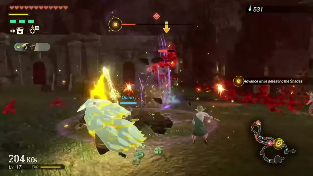 Rauru fights corrupted shades beside Quino on the road to Hyrule Castle