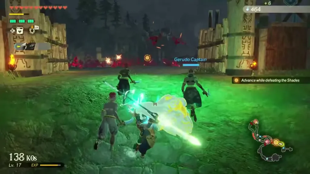 Rauru and Gerudo allies charge toward a wooden gate under green light