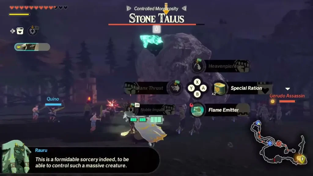 Rauru opens his skill wheel in front of a Stone Talus with Quino nearby