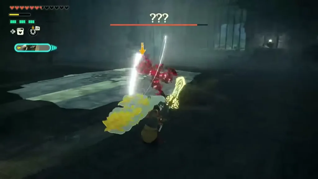 Rauru strikes a red-glowing corrupted construct inside the castle hall