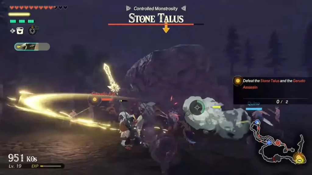 Rauru fights the Stone Talus and a Gerudo Assassin with the 0/2 objective