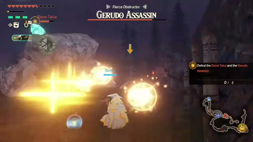 A fiery blast bursts near the Stone Talus while the Gerudo Assassin attacks