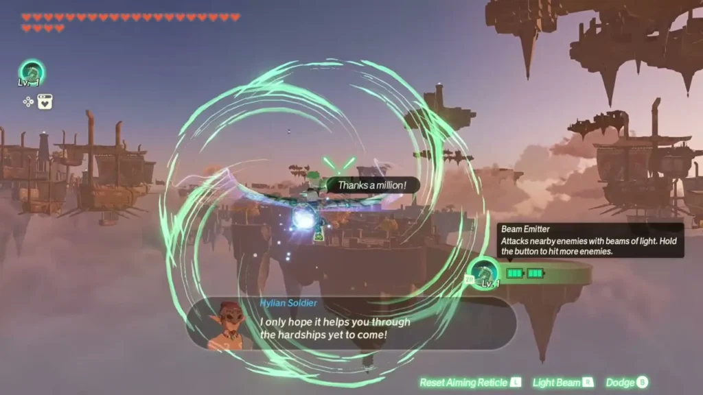 A Hylian soldier hands over the Beam Emitter Zonai device in mid-flight A Hylian soldier hands over the Beam Emitter Zonai device in mid-flight