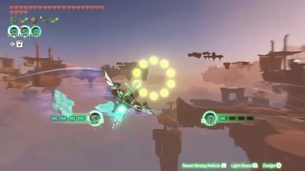 The Knight Construct flies through a circle of yellow rings between islands The Knight Construct flies through a circle of yellow rings between islands