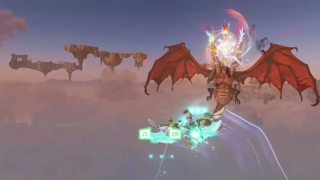King Gleeok reels in the sky as the Knight Construct pulls back King Gleeok reels in the sky as the Knight Construct pulls back