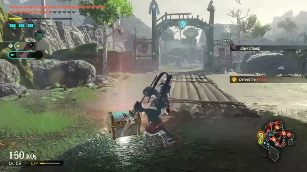 A warrior opens a chest beside a log raft at a gate on the road A warrior opens a chest beside a log raft at a gate on the road