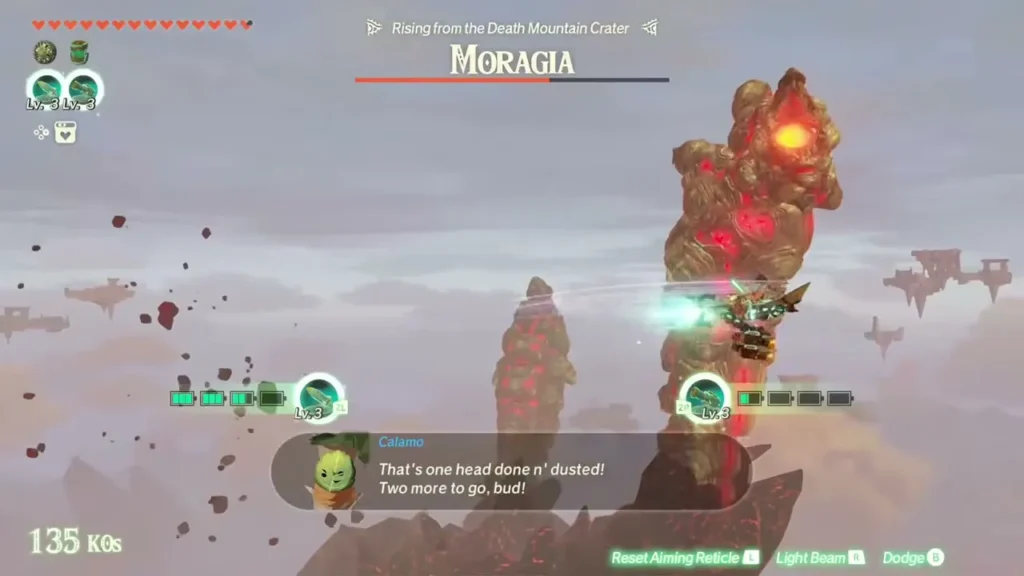 Calamo and the Construct fly past one of Moragia's rock heads above Death Mountain's crater Calamo and the Construct fly past one of Moragia's rock heads above Death Mountain's crater