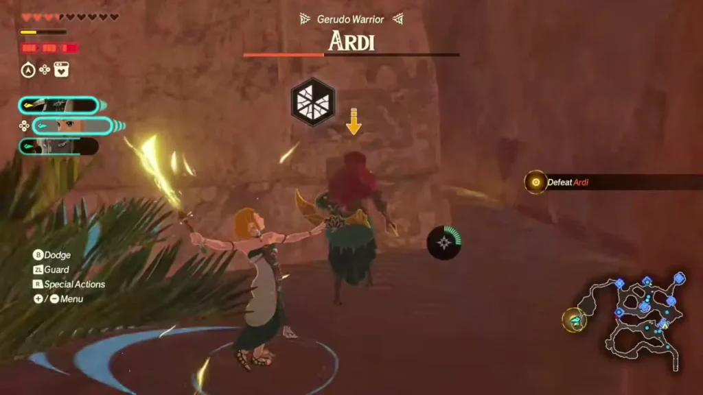 Zelda squares off against Gerudo Warrior Ardi among the palm trees Zelda squares off against Gerudo Warrior Ardi among the palm trees