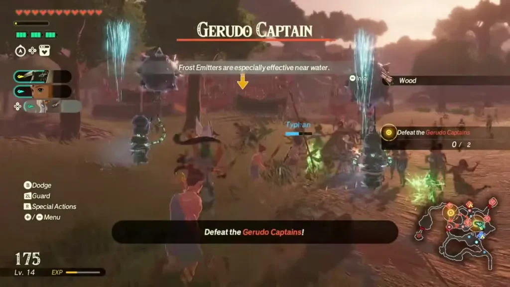 The objective Defeat the Gerudo Captains reads 0/2 as the party fights through the field The objective Defeat the Gerudo Captains reads 0/2 as the party fights through the field