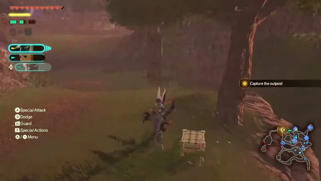 Mineru fights beside a wooden crate and a tree on the path between outposts Mineru fights beside a wooden crate and a tree on the path between outposts