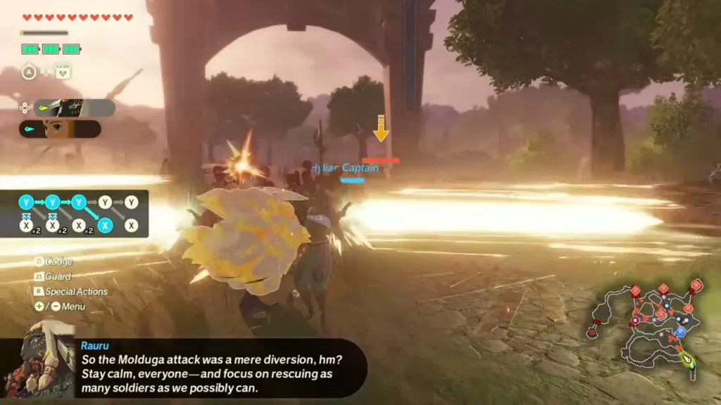 Rauru urges everyone on as the party fights Gerudo raiders beside Hylian soldiers Rauru urges everyone on as the party fights Gerudo raiders beside Hylian soldiers