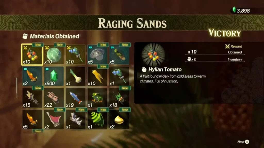 The victory screen lists Hylian Tomato x10 and the other materials obtained The victory screen lists Hylian Tomato x10 and the other materials obtained