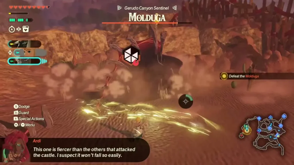 The Molduga, Gerudo Canyon Sentinel, thrashes through the sand as Ardi comments The Molduga, Gerudo Canyon Sentinel, thrashes through the sand as Ardi comments