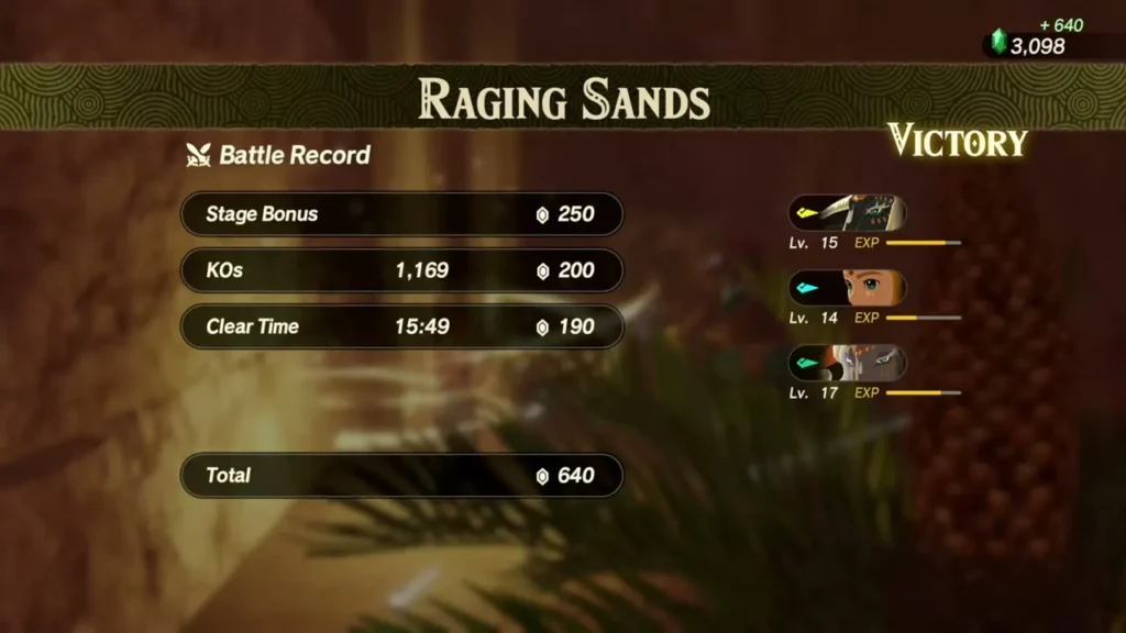 The Raging Sands victory screen shows the stage bonus, KO and clear-time Rupees The Raging Sands victory screen shows the stage bonus, KO and clear-time Rupees