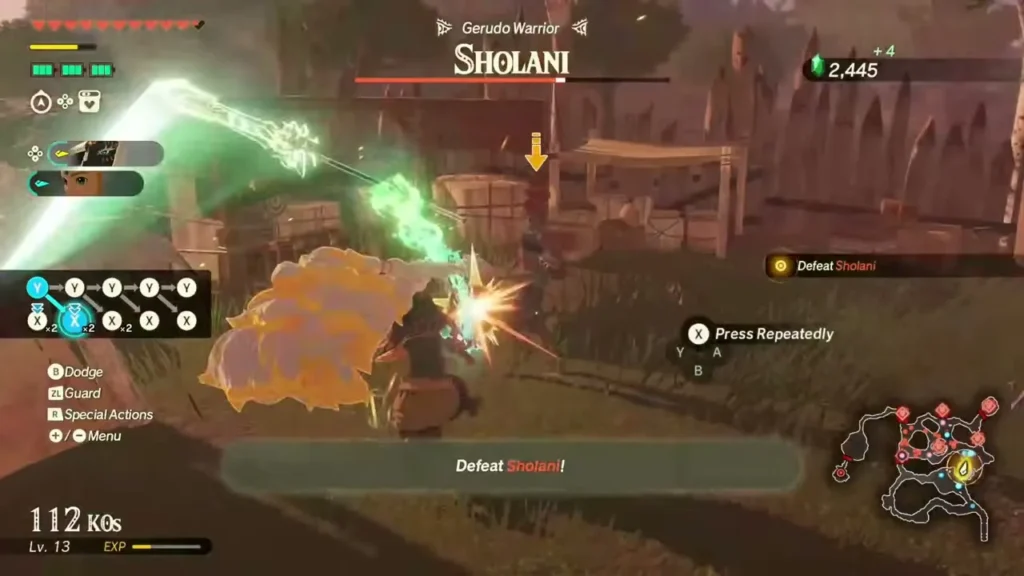Zelda strikes Sholani with a combo as the objective asks to defeat her Zelda strikes Sholani with a combo as the objective asks to defeat her