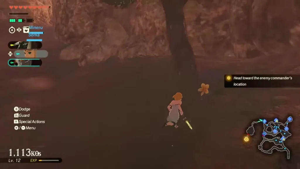 Zelda runs toward a yellow Korok flower beside a tree on the dark northwest path Zelda runs toward a yellow Korok flower beside a tree on the dark northwest path