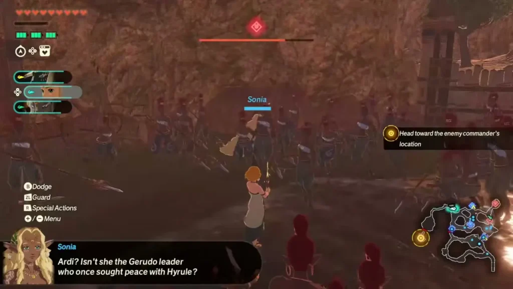 Zelda moves toward the enemy commander through a crowd of Gerudo troops Zelda moves toward the enemy commander through a crowd of Gerudo troops
