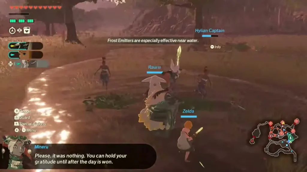 Zelda, Rauru and Mineru stand together with a Hylian Captain after a fight Zelda, Rauru and Mineru stand together with a Hylian Captain after a fight