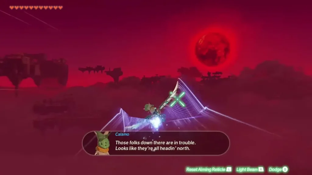 Calamo and the Construct glide beneath a red Blood Moon at the start of the flight battle Calamo and the Construct glide beneath a red Blood Moon at the start of the flight battle
