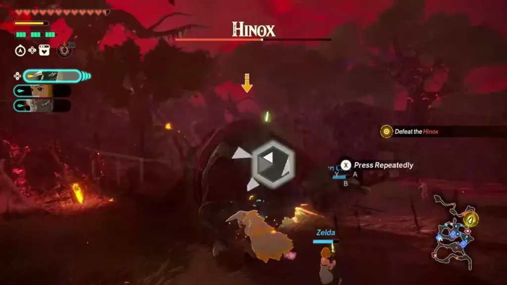 A Press Repeatedly prompt appears as Zelda staggers the Hinox A Press Repeatedly prompt appears as Zelda staggers the Hinox