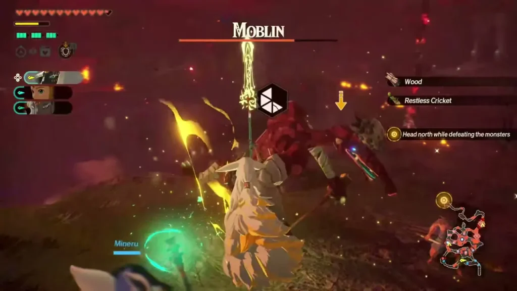 Zelda and Mineru fight a Moblin as materials drop Zelda and Mineru fight a Moblin as materials drop