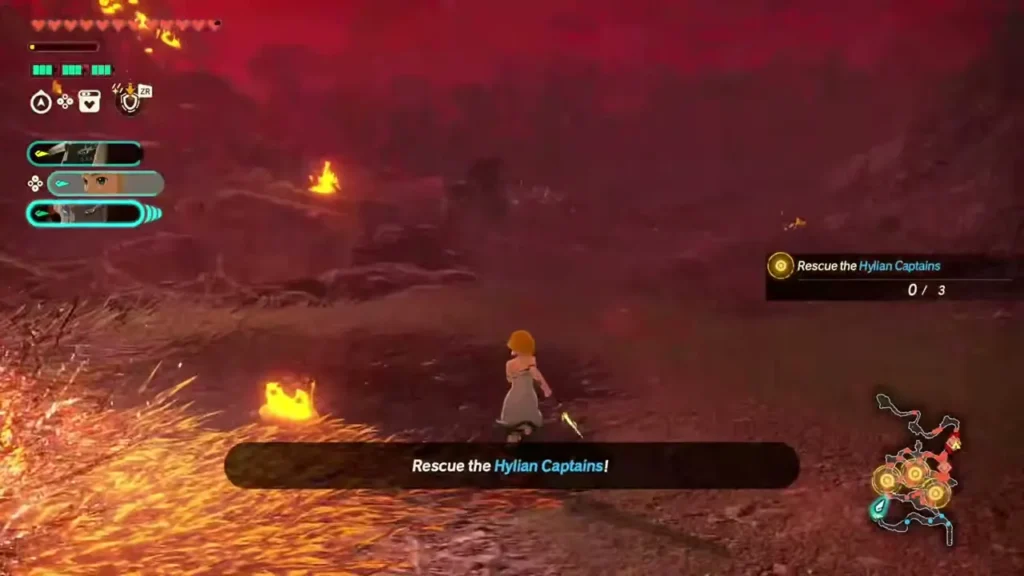 Zelda runs through burning grass after the Rescue the Hylian Captains banner Zelda runs through burning grass after the Rescue the Hylian Captains banner