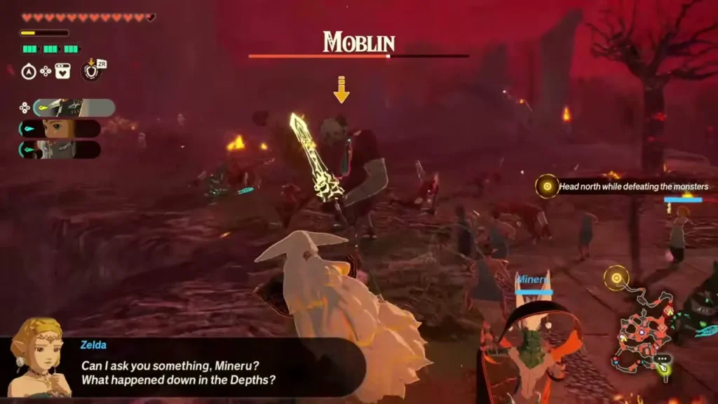 Zelda talks with Mineru while Rauru's party fights Moblins Zelda talks with Mineru while Rauru's party fights Moblins