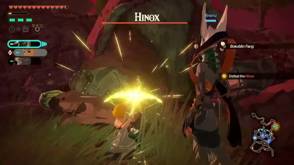 Zelda and Mineru strike the downed Hinox in the burning ruins Zelda and Mineru strike the downed Hinox in the burning ruins