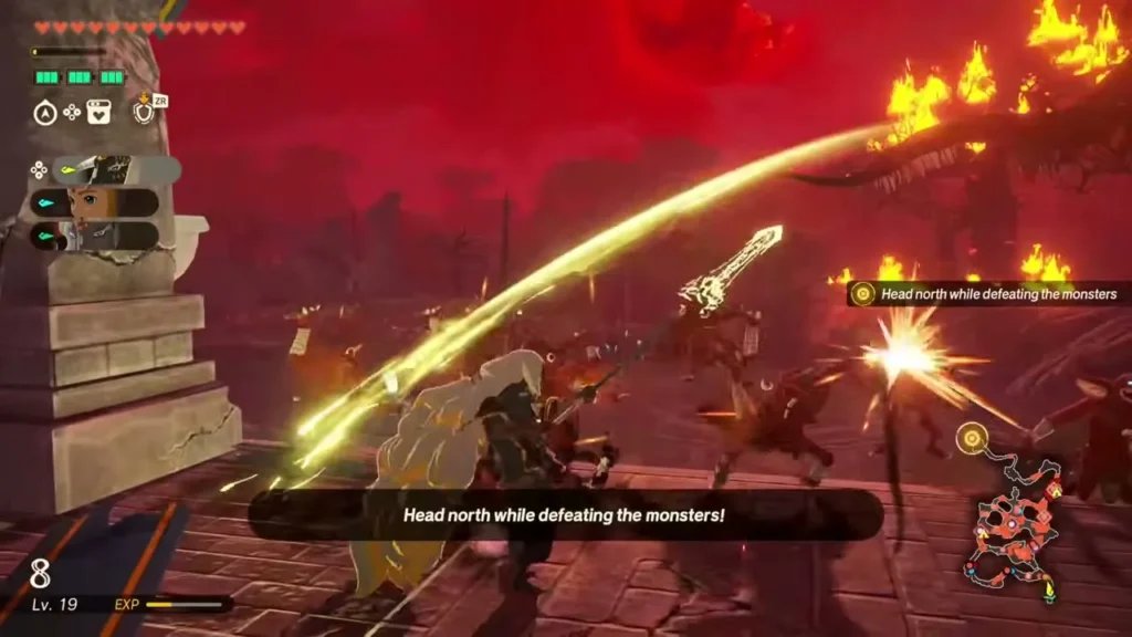 Zelda slashes through monsters on the burning road with the objective to head north Zelda slashes through monsters on the burning road with the objective to head north