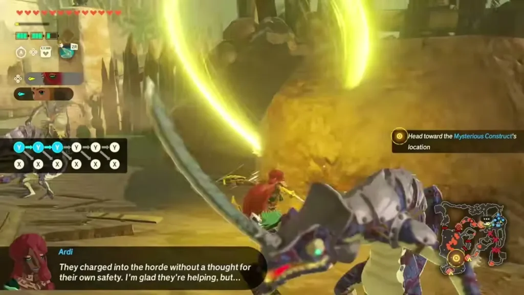 Ardi's lightning-charged blade cuts through a Lizalfos in the sand Ardi's lightning-charged blade cuts through a Lizalfos in the sand