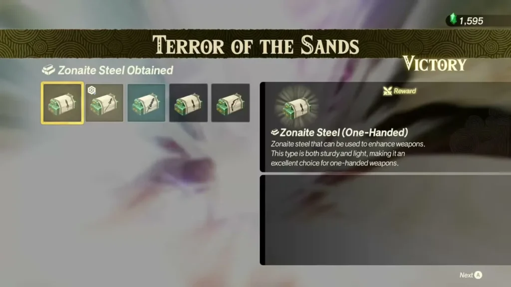 The victory screen shows a One-Handed Zonaite Steel reward The victory screen shows a One-Handed Zonaite Steel reward