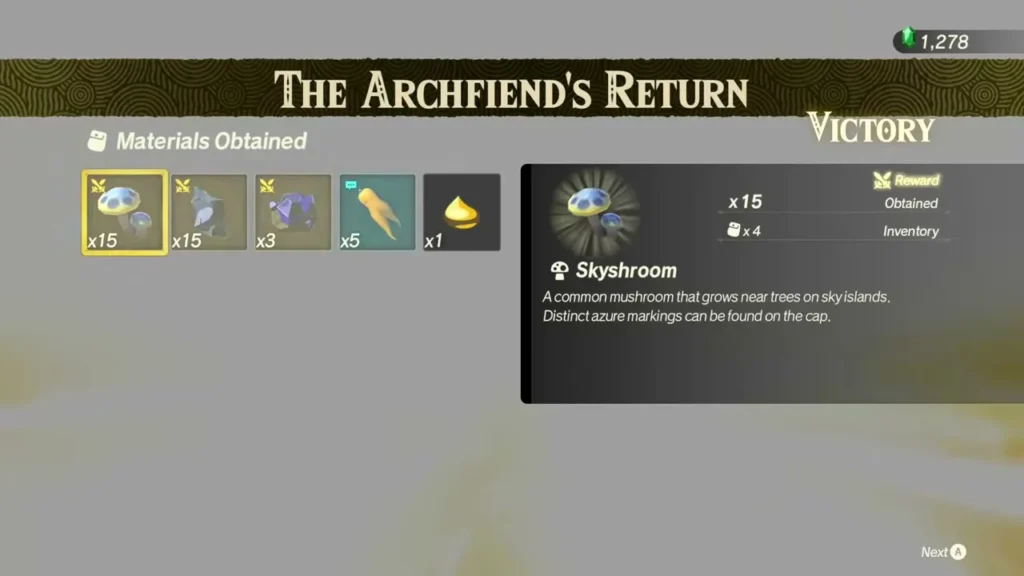 The victory screen lists the Skyshroom, Flint and Sapphire first-clear materials