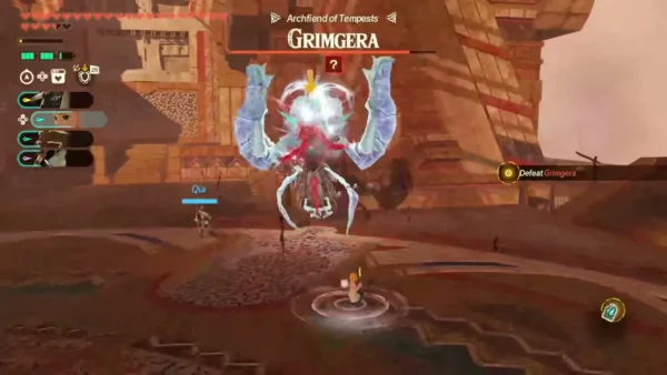 Grimgera rears up in the air with his icy claws raised above Qia and the hero
