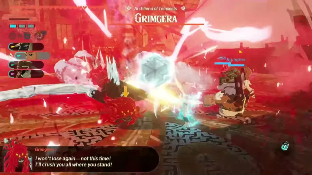 Grimgera swings through the party in a storm of red energy and icicles