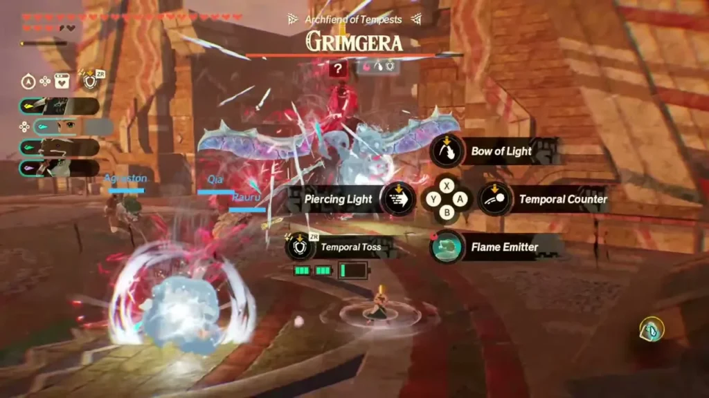 The Zonai device wheel shows Temporal Counter and Flame Emitter during the fight