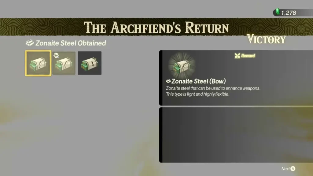 The victory screen shows the Zonaite Steel (Bow) reward for The Archfiend's Return