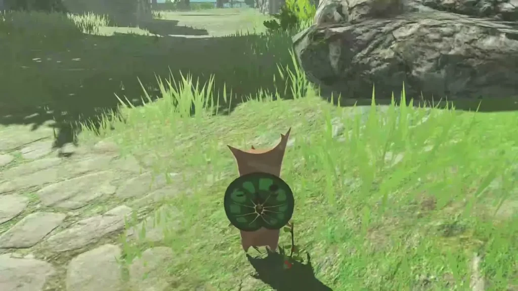 A small Korok with a leaf mask and green shield stands in the grass beside the road A small Korok with a leaf mask and green shield stands in the grass beside the road