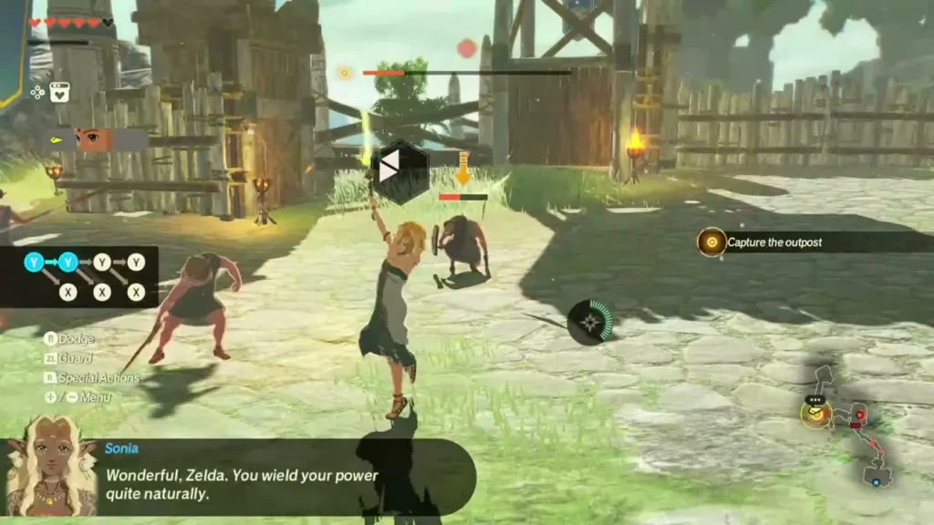 Zelda attacks near the outpost gate as Sonia praises her skill Zelda attacks near the outpost gate as Sonia praises her skill