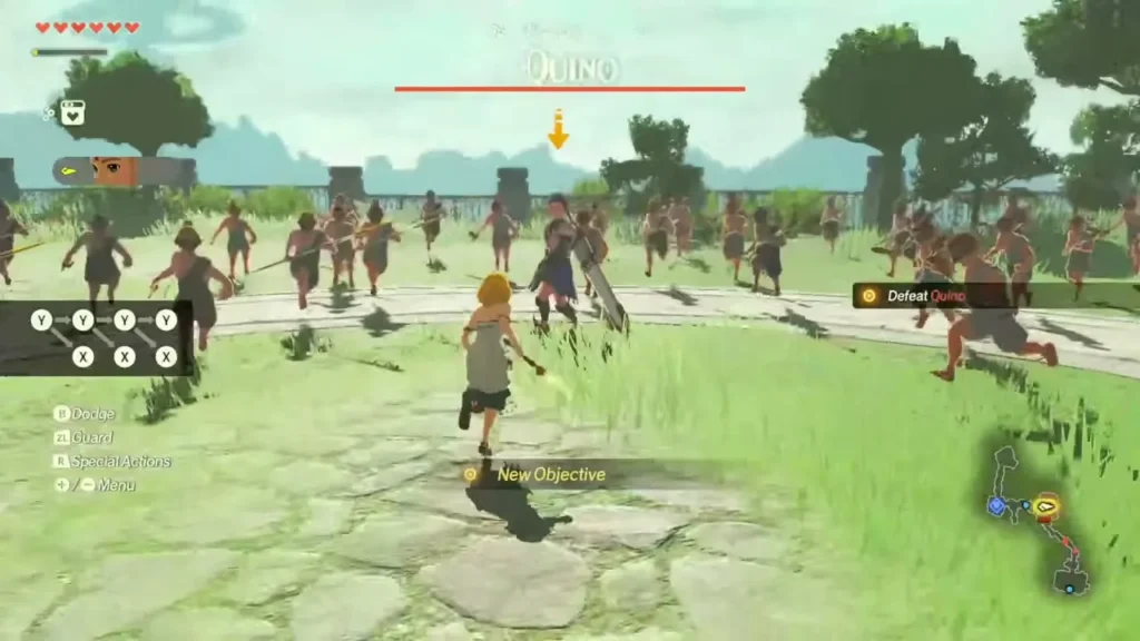 Zelda runs toward Quino across the grassy courtyard as soldiers charge Zelda runs toward Quino across the grassy courtyard as soldiers charge