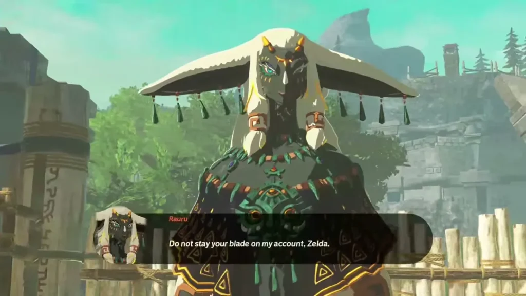 King Rauru stands in his hat and cloak and speaks to Zelda King Rauru stands in his hat and cloak and speaks to Zelda