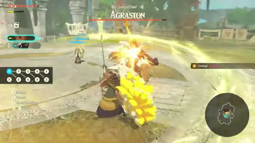 Rauru strikes the Goron chief Agraston while Zelda looks on Rauru strikes the Goron chief Agraston while Zelda looks on