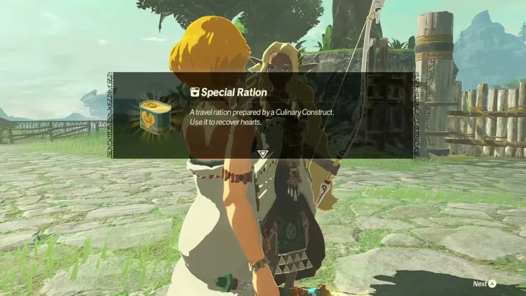 Zelda receives a Special Ration; the item message explains it recovers hearts Zelda receives a Special Ration; the item message explains it recovers hearts
