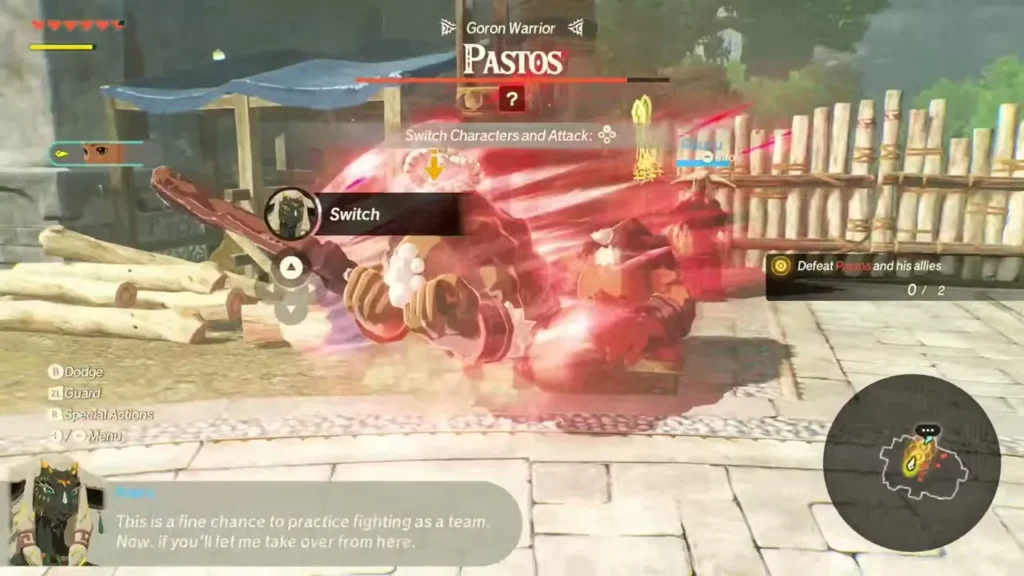 Pastos rolls at Zelda in a red charge while a switch prompt appears Pastos rolls at Zelda in a red charge while a switch prompt appears