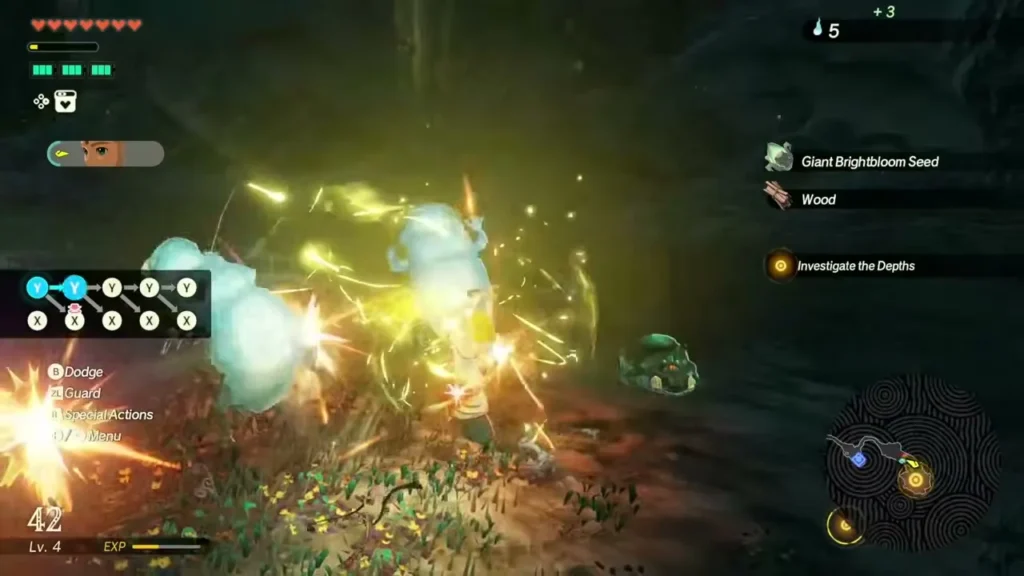 Zelda fights a swarm in the Depths and picks up Giant Brightbloom Seeds and Wood Zelda fights a swarm in the Depths and picks up Giant Brightbloom Seeds and Wood