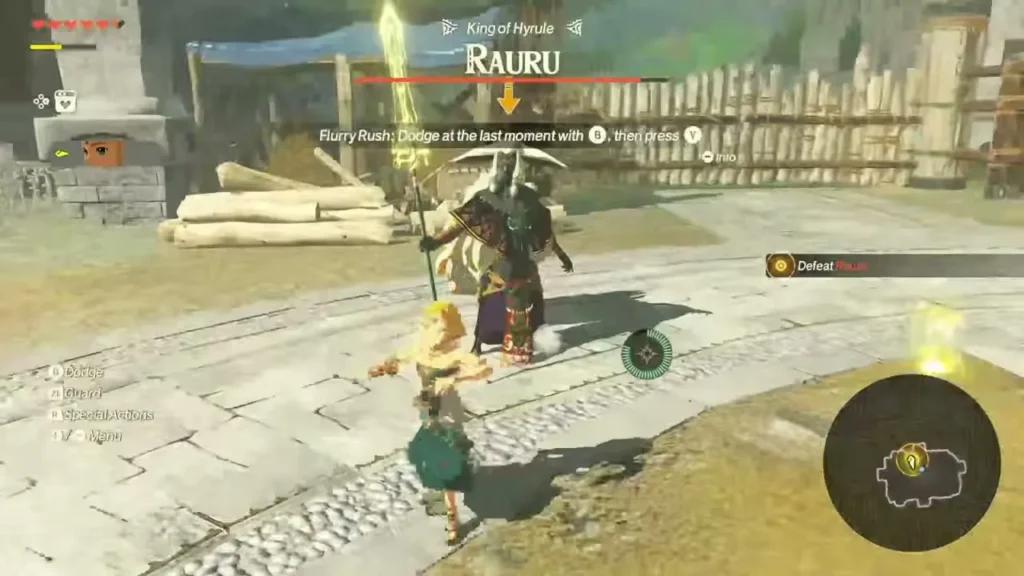 Zelda closes in on King Rauru, who holds his Spear of Light Zelda closes in on King Rauru, who holds his Spear of Light