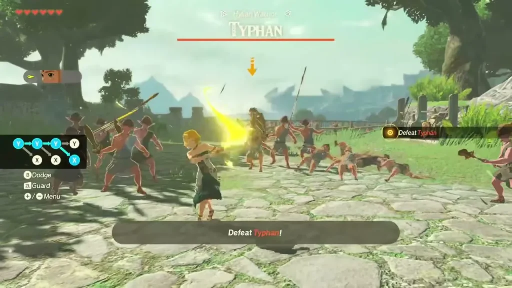 Zelda fights through Hylian soldiers toward Typhan on the castle grounds Zelda fights through Hylian soldiers toward Typhan on the castle grounds