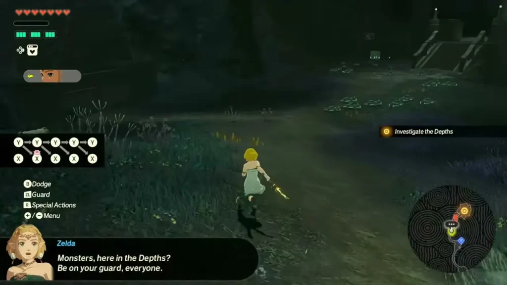 Zelda runs through the dark Depths and warns of monsters Zelda runs through the dark Depths and warns of monsters